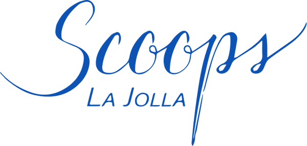 Scoops La Jolla logo blue featuring playful letters inspired by the sunny beach vibes of La Jolla, California.