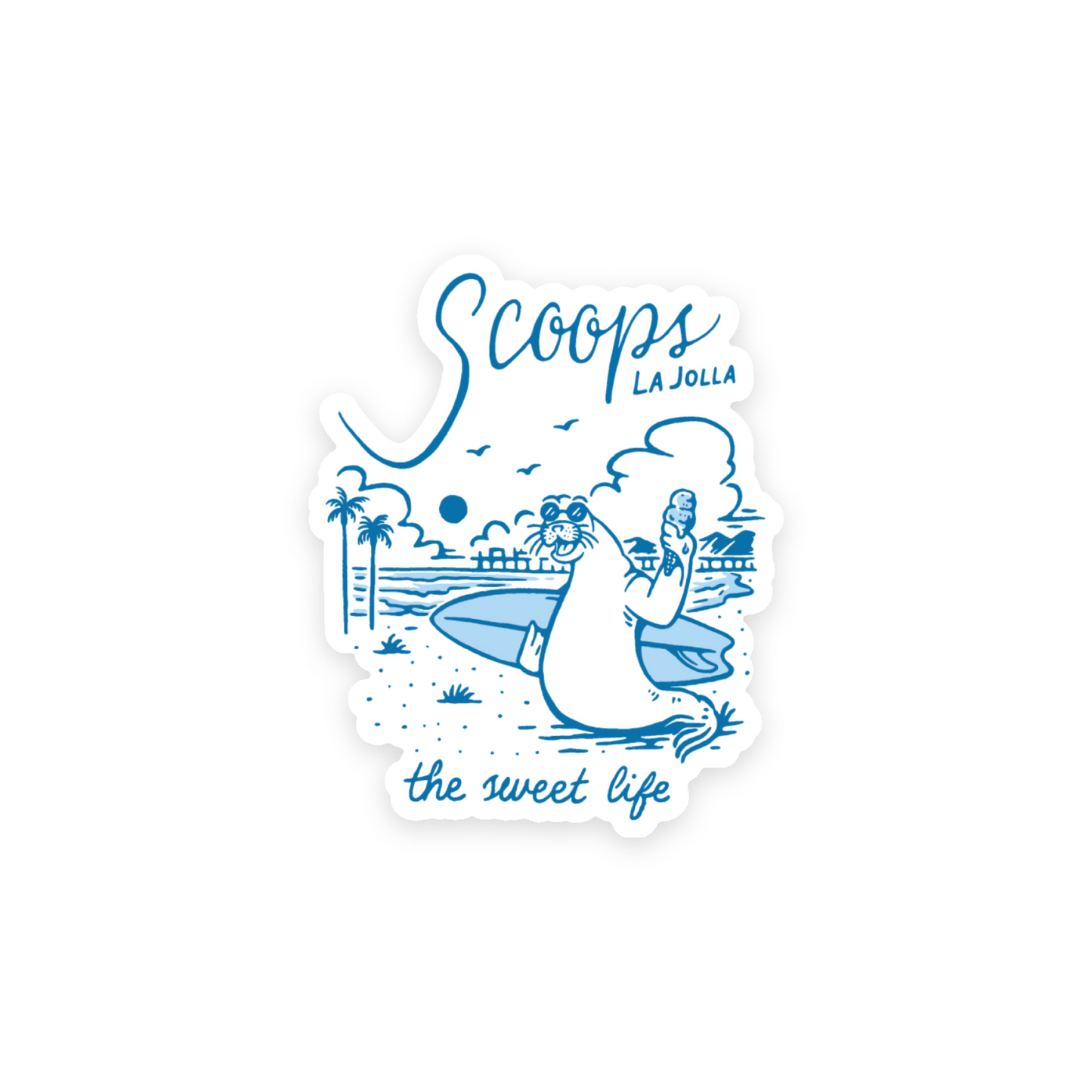 Vibrant Scoops La Jolla stickers featuring a playful seal design, perfect for adding a touch of coastal charm to laptops, water bottles, and more