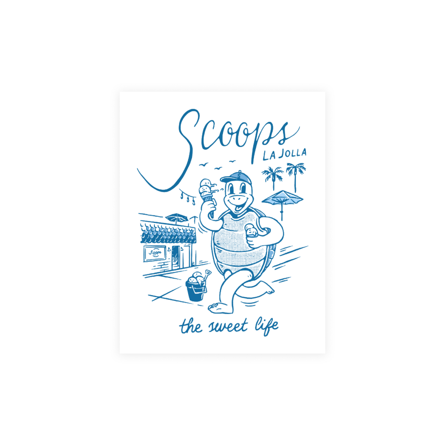 Vibrant Scoops La Jolla stickers featuring a playful turtle design, perfect for adding a touch of coastal charm to laptops, water bottles, and more